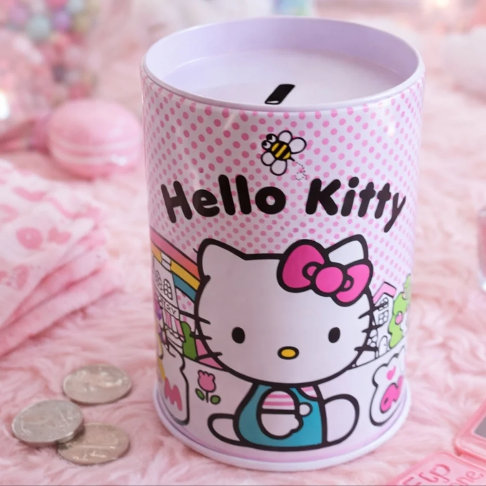 HELLO KITTY Pink Swiss Dot Coin Bank | Licensed Sanrio Metal Tin | Kawaii Room D